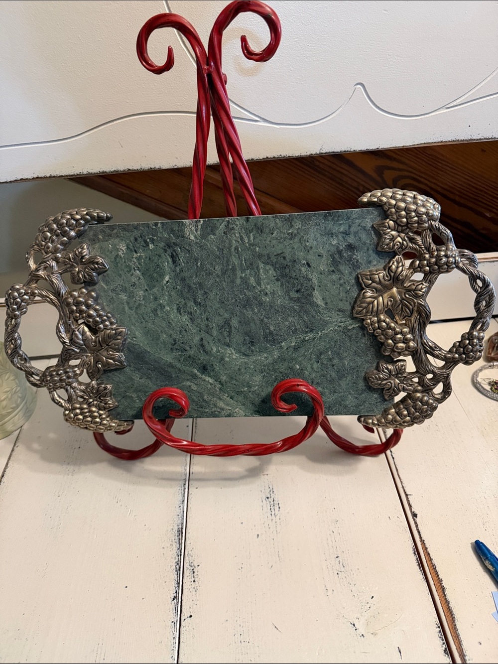 Godinger Silver Art Co. green marble slab  serving tray with grapevine handles.